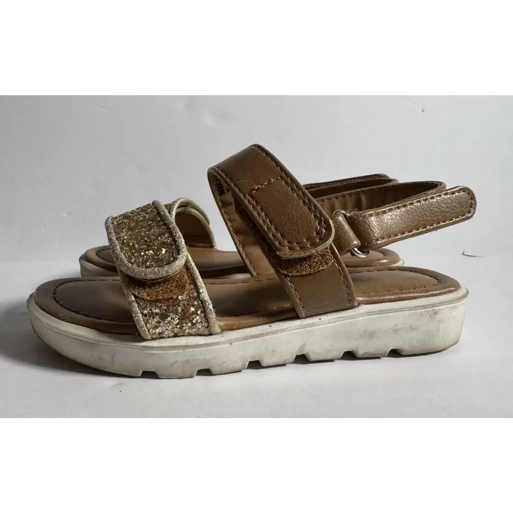 Sugar Girls Toddler Size 9 Gold Glitter Tan Strappy Sandals Hook Loop